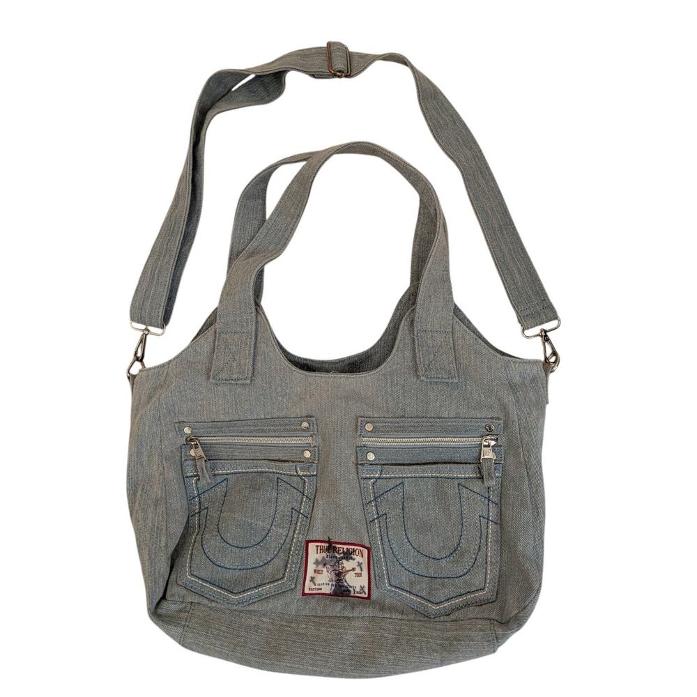 TRUE RELIGION Light Blue Shoulder Bag Detachable Strap Jeans Denim Zip Pockets